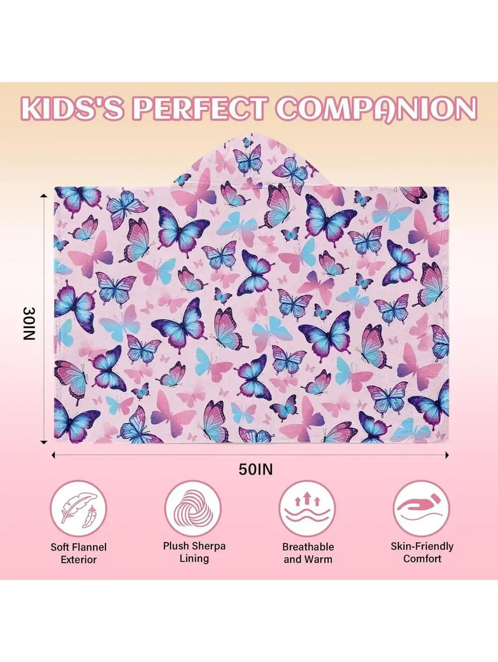 NWT Butterfy Soft Wearable Hooded Poncho Towel for Toddlers, 30